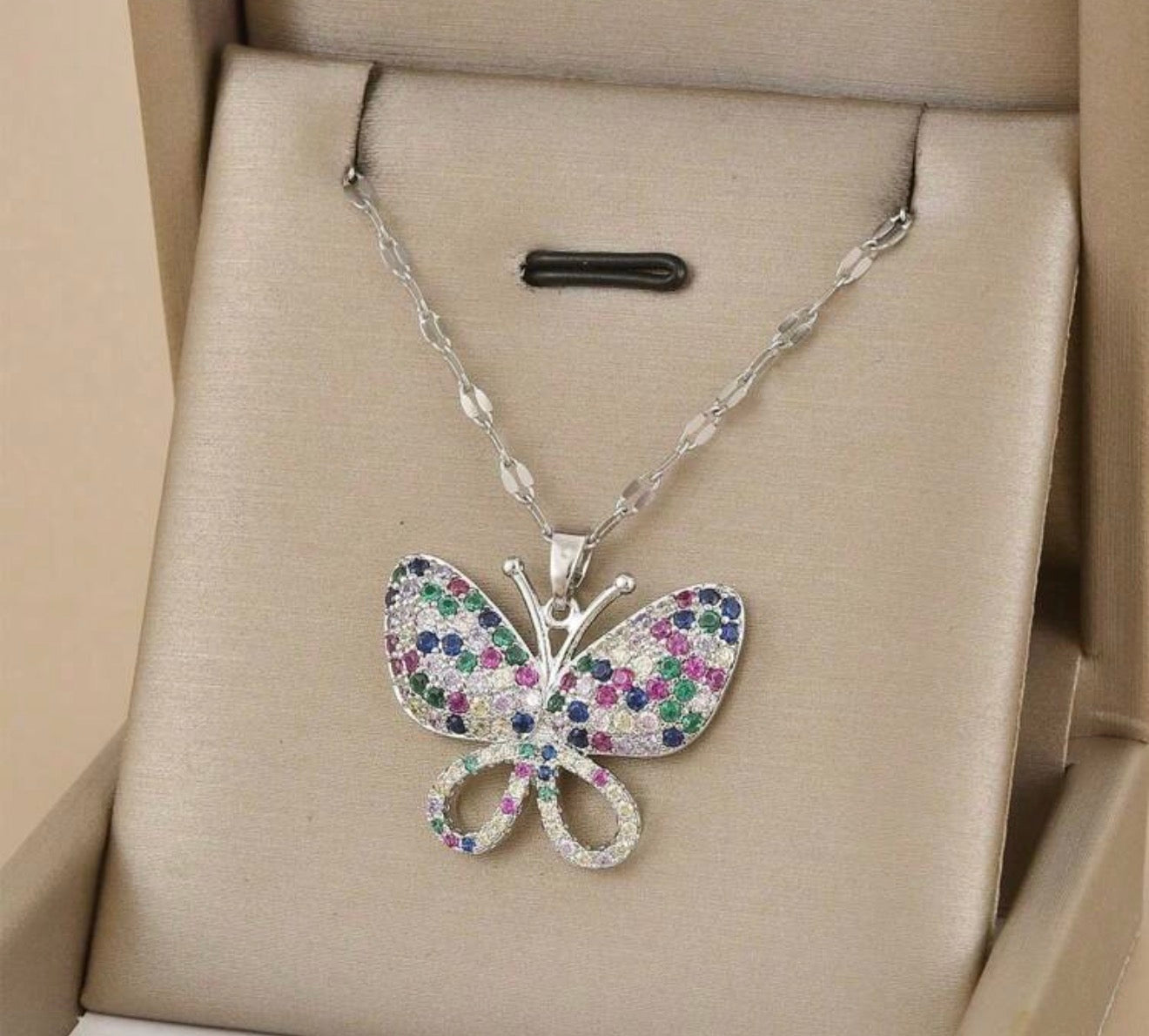 Women Stainless Steel Asymmetrical Zirconia Butterfly Necklace