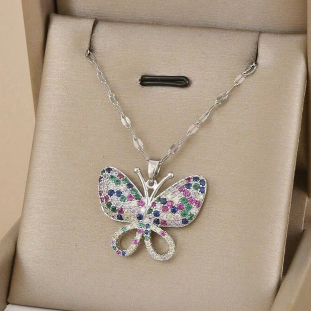Women Stainless Steel Asymmetrical Zirconia Butterfly Necklace