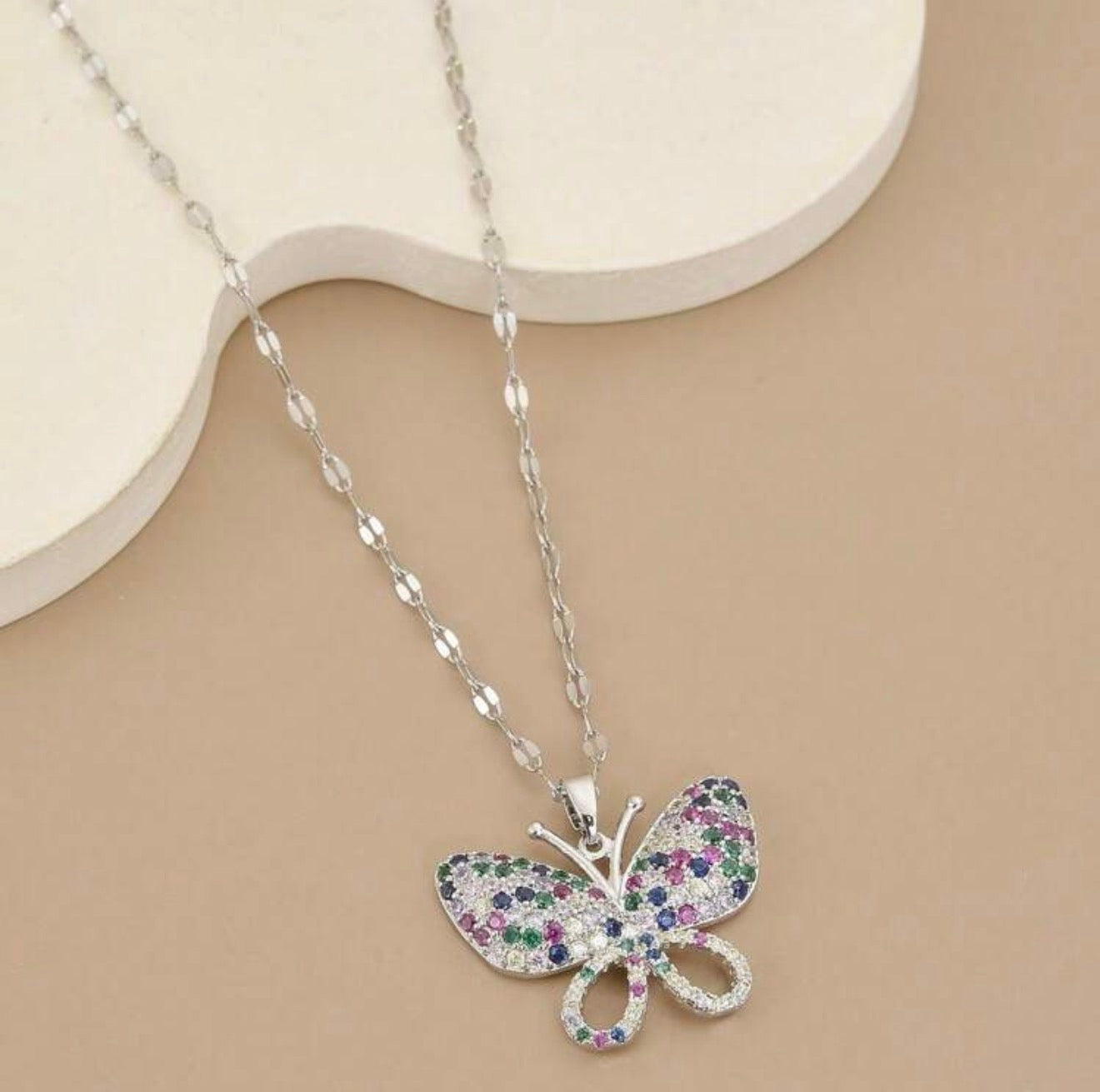 Women Stainless Steel Asymmetrical Zirconia Butterfly Necklace