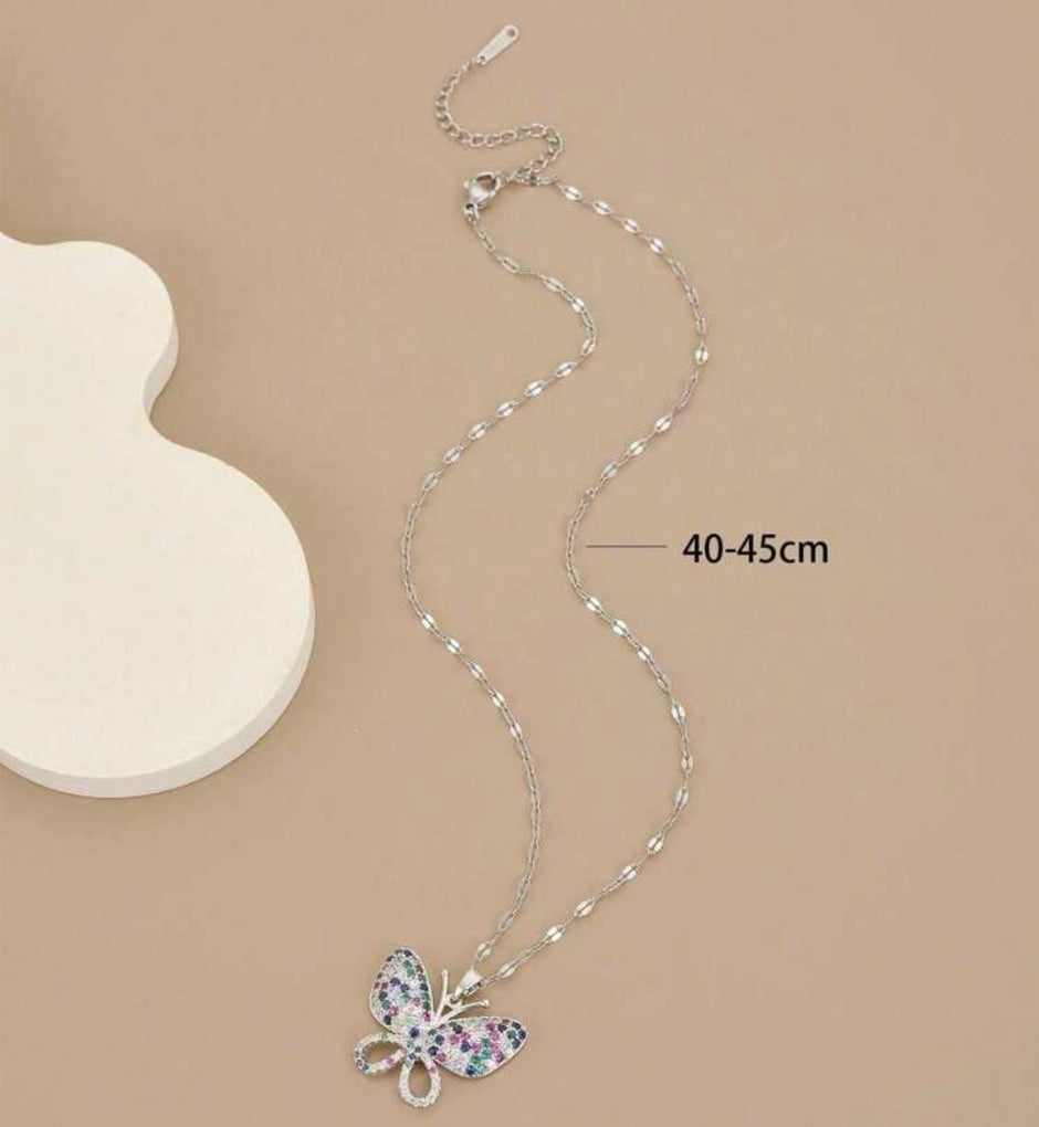 Women Stainless Steel Asymmetrical Zirconia Butterfly Necklace