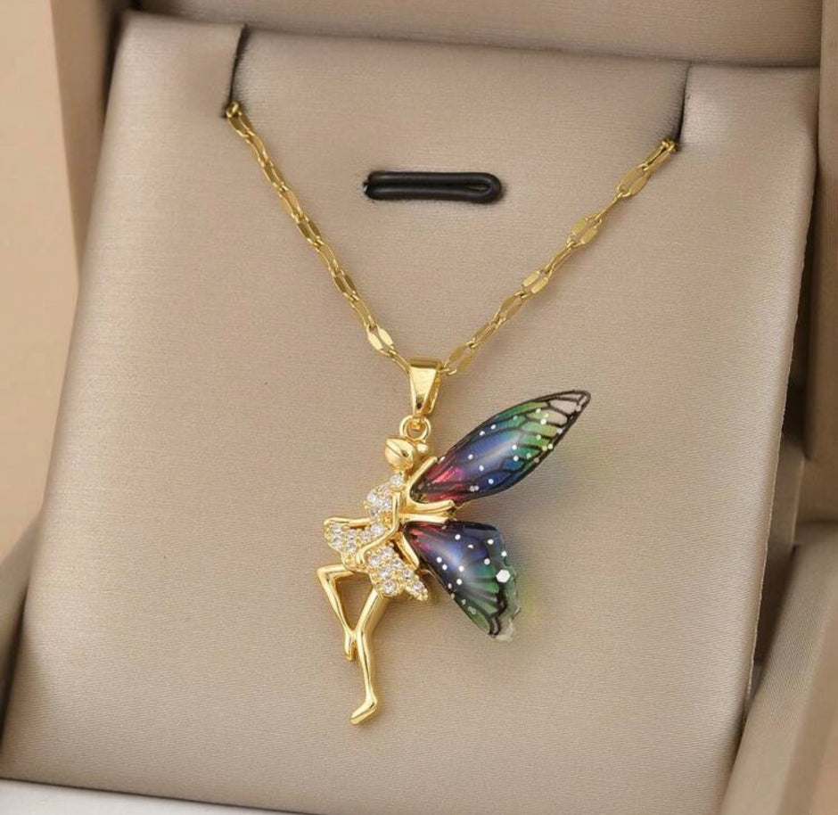 Women Stainless Steel Rhinestone Angel Wings Luxury Necklace