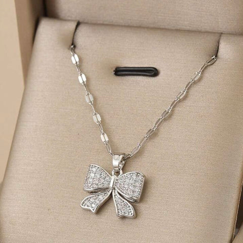 Full Rhinestone Bowknot Stainless Steel Women's Pendant Necklace