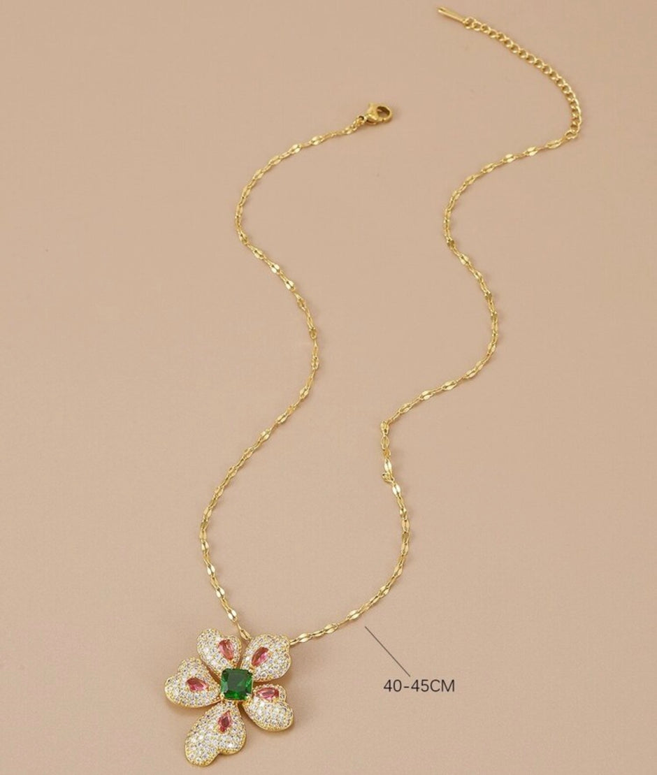 Women Rhinestone Stainless Steel Flower Pendant Necklace