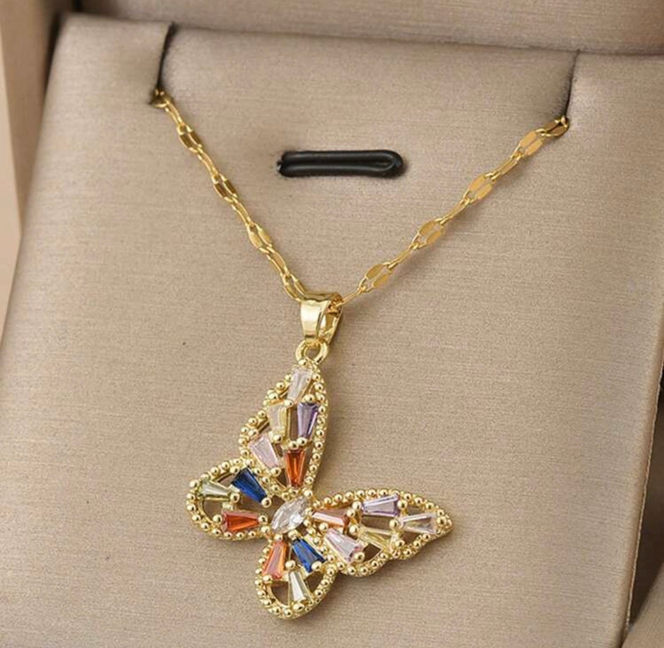 Women Zirconia Butterfly Stainless Steel Necklace