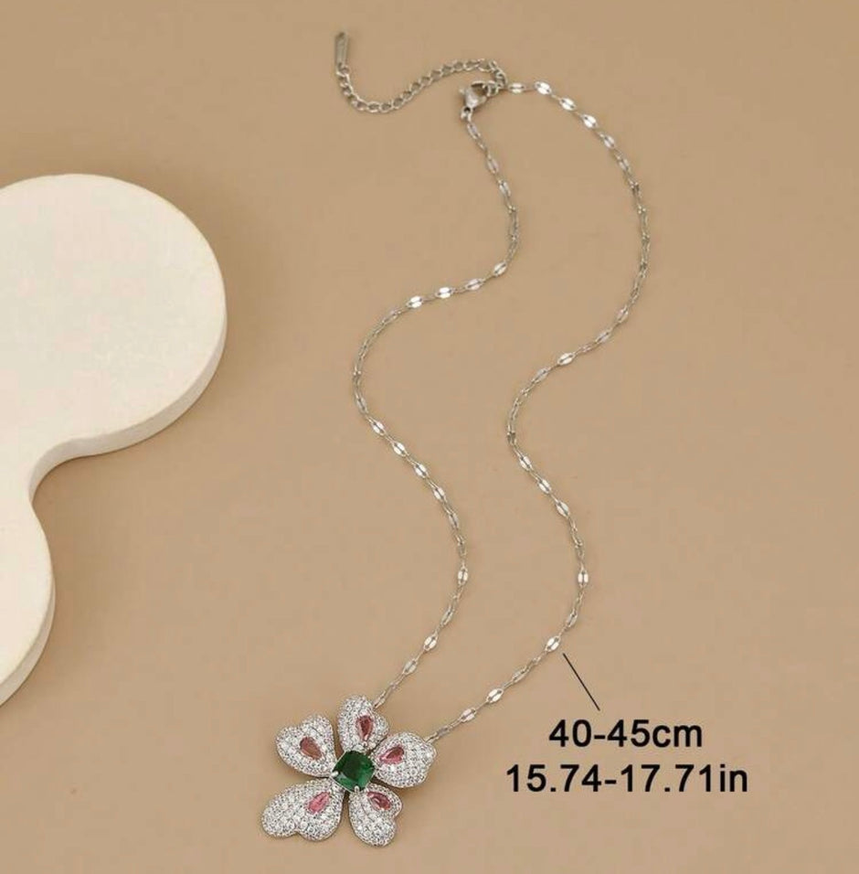 Women Rhinestone Stainless Steel Flower Pendant Necklace