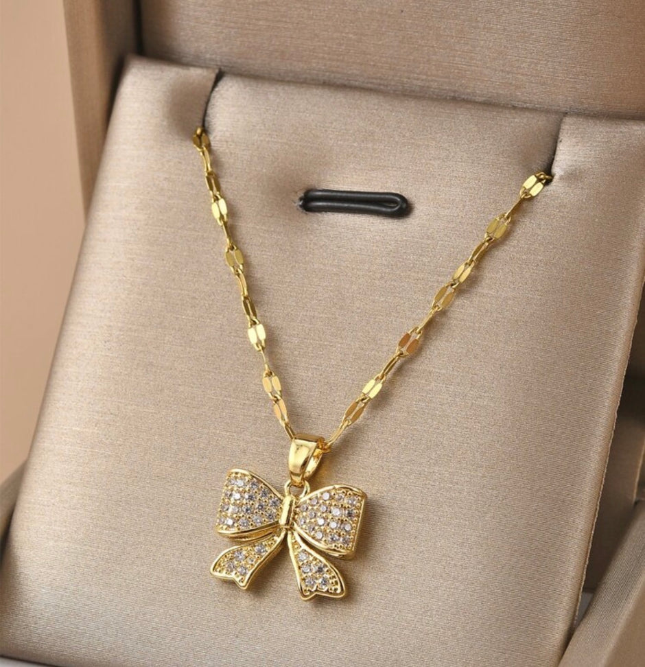 Full Rhinestone Bowknot Stainless Steel Women's Pendant Necklace