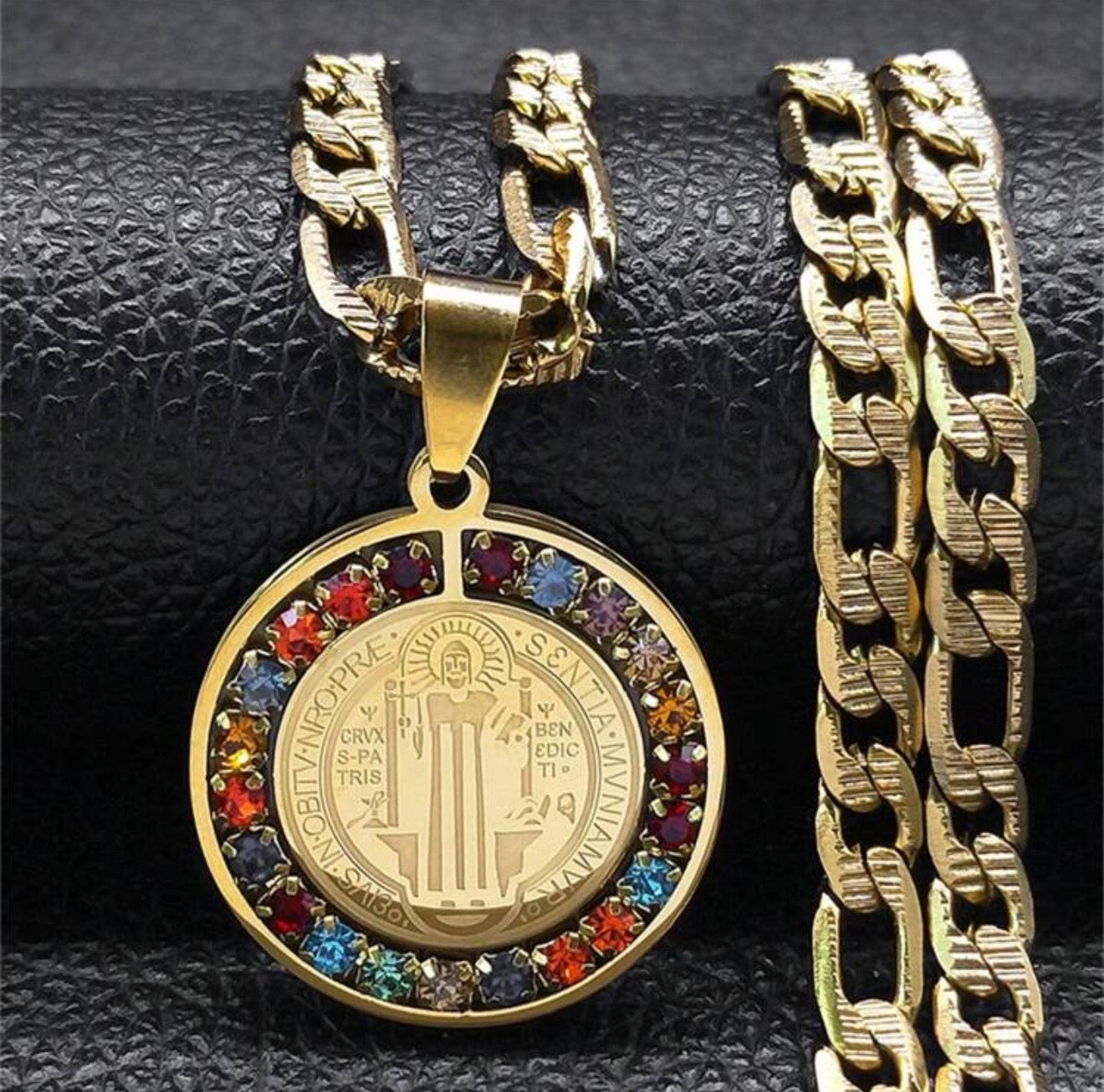 Unisex Colorful Crystal Saint Benedict Stainless Steel Medal Necklace