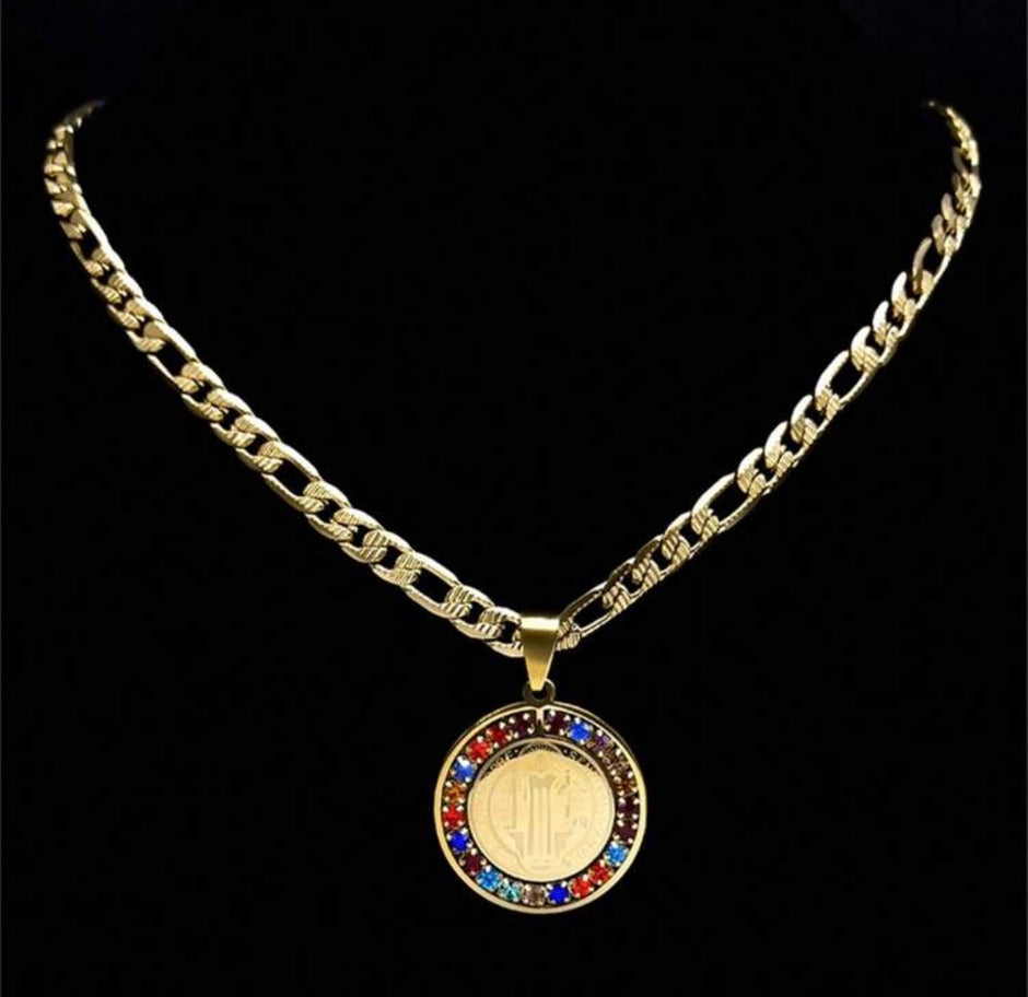 Unisex Colorful Crystal Saint Benedict Stainless Steel Medal Necklace