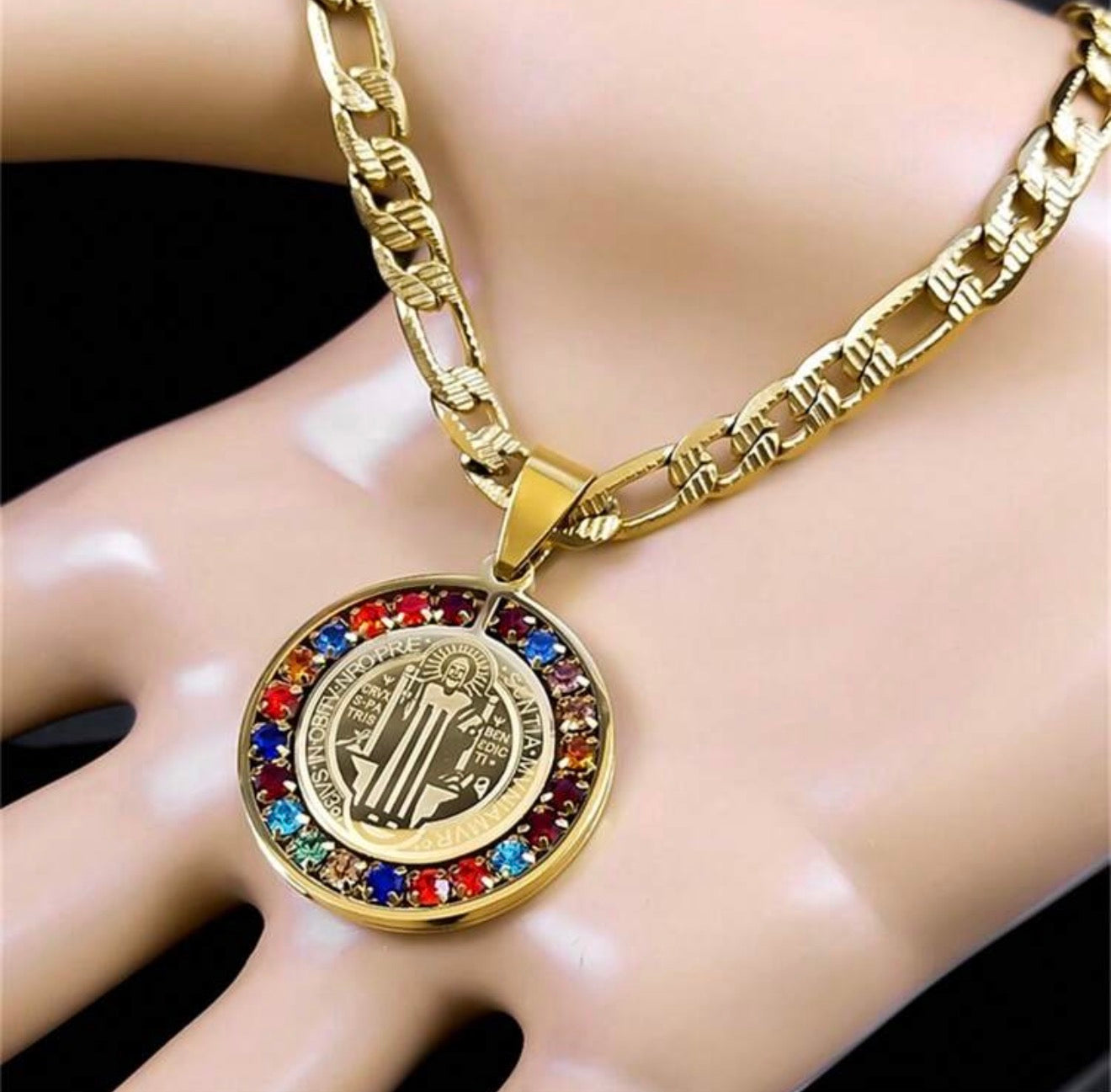 Unisex Colorful Crystal Saint Benedict Stainless Steel Medal Necklace