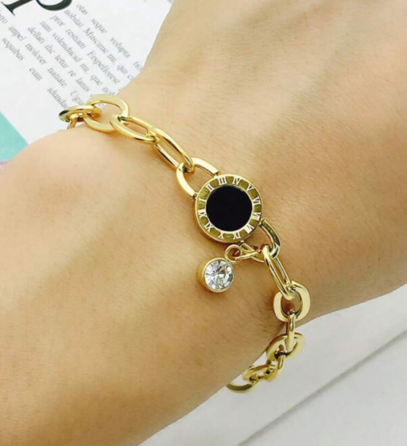 Stainless Steel Waterproof Non-Fading Roman Numeral Rhinestone Bracelet