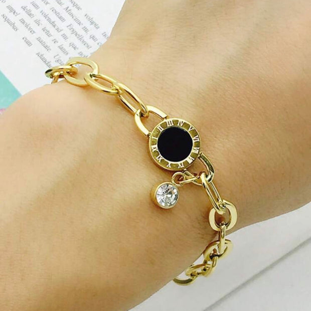 Stainless Steel Waterproof Non-Fading Roman Numeral Rhinestone Bracelet