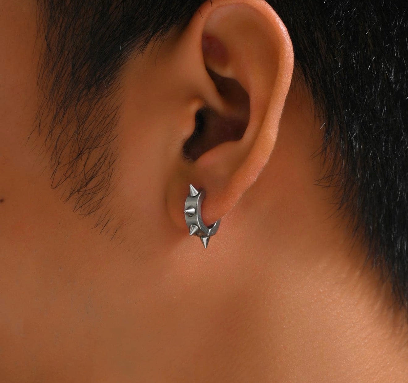 1Pair Men Stainless Steel Spiked Decor Hoop Earrings
