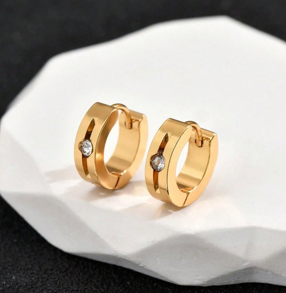 1Pair Men Simple Stainless Steel Gold Earrings