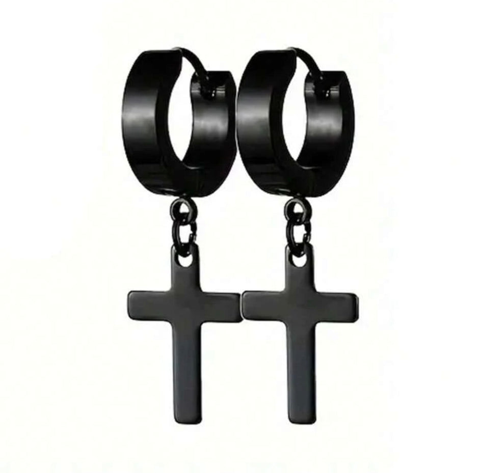 1Pair Men Stainless Steel Cross Design Hoop Earrings