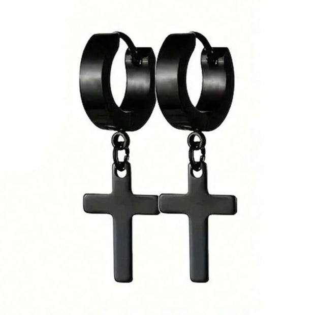 1Pair Men Stainless Steel Cross Design Hoop Earrings