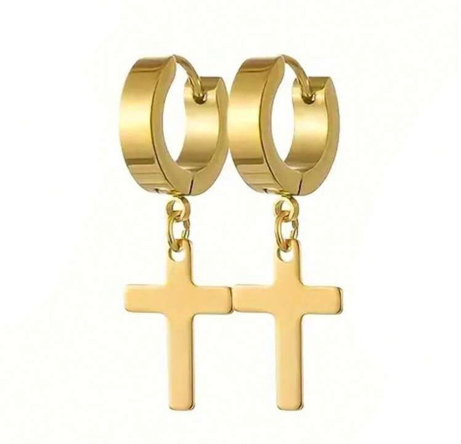 1Pair Men Stainless Steel Cross Design Hoop Earrings