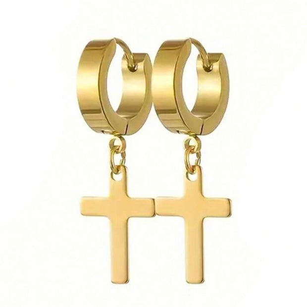 1Pair Men Stainless Steel Cross Design Hoop Earrings