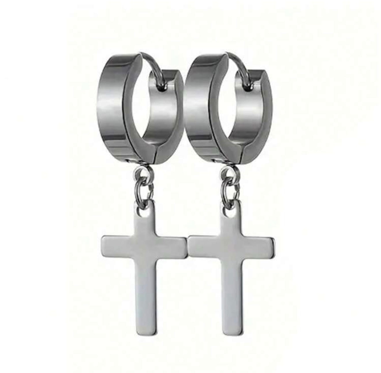 1Pair Men Stainless Steel Cross Design Hoop Earrings