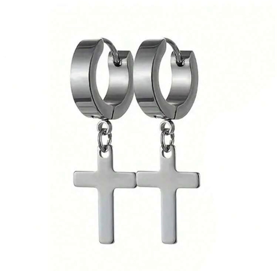 1Pair Men Stainless Steel Cross Design Hoop Earrings