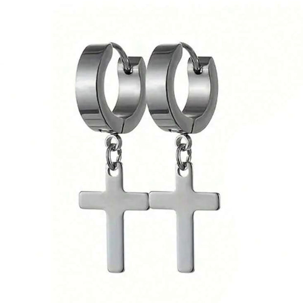 1Pair Men Stainless Steel Cross Design Hoop Earrings