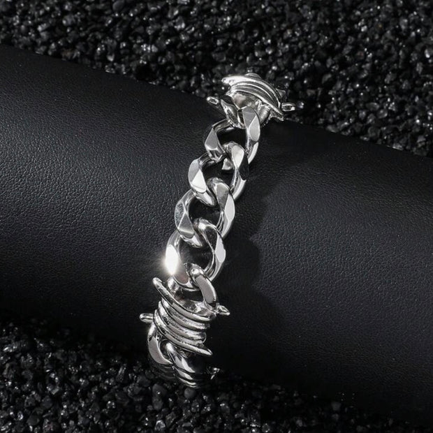 Men 11mm Wide Punk Stainless Steel Spike Interlocking Chain Bracelet