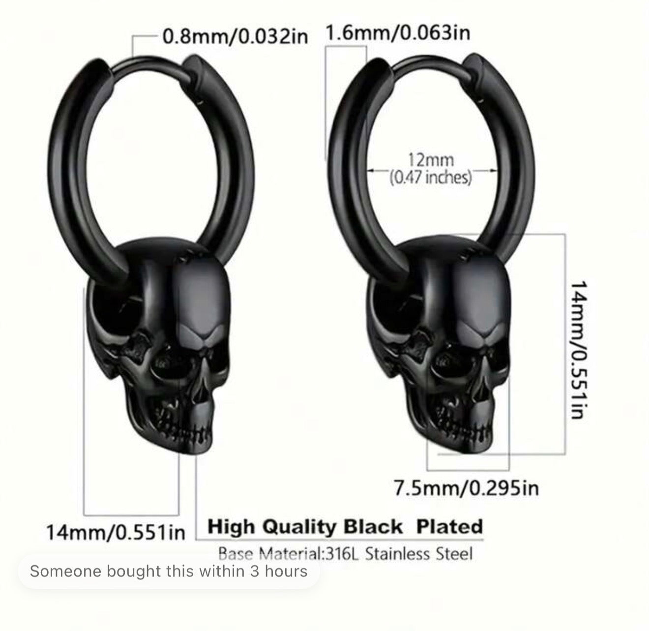 1Pair Men Stainless Steel Vintage Skull Earrings