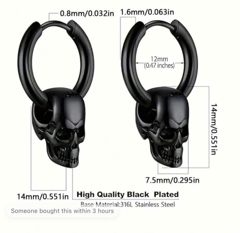 1Pair Men Stainless Steel Vintage Skull Earrings