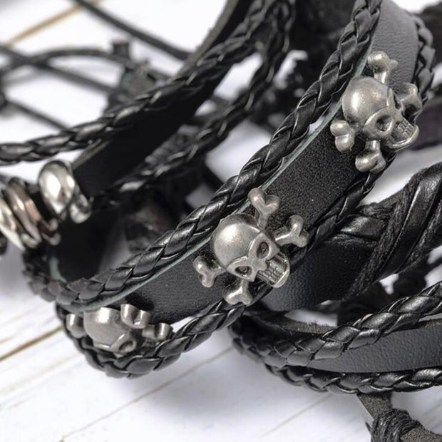 6Pcs/Set Black Punk Skull & Star Shaped Alloy & Pu Leather Bracelet