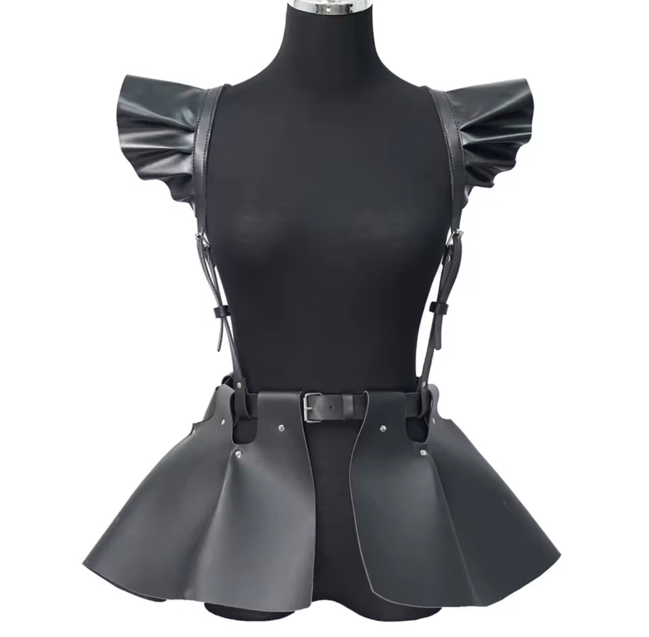 Women Black Fashion Leather Body Harness Belt Skirt With Ruffle