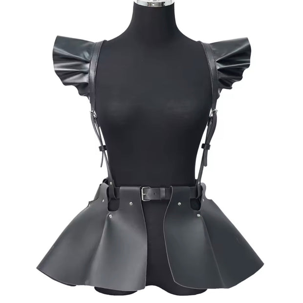 Women Black Fashion Leather Body Harness Belt Skirt With Ruffle
