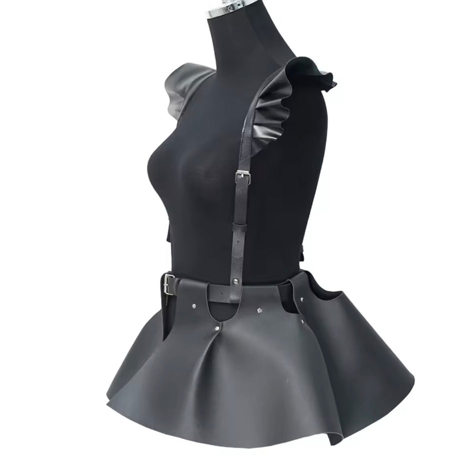 Women Black Fashion Leather Body Harness Belt Skirt With Ruffle