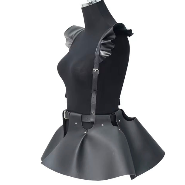 Women Black Fashion Leather Body Harness Belt Skirt With Ruffle