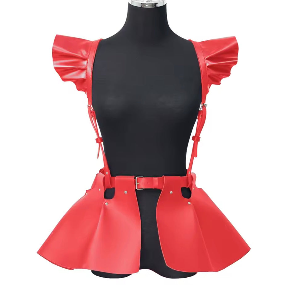Women Fashion Leather Body Harness Belt Skirt With Ruffle