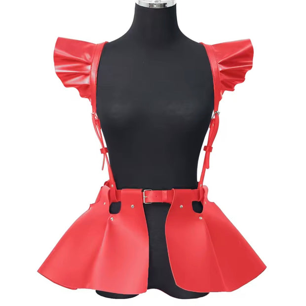 Women Fashion Leather Body Harness Belt Skirt With Ruffle