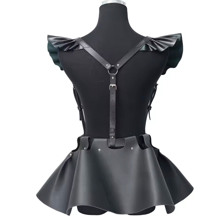 Women Black Fashion Leather Body Harness Belt Skirt With Ruffle