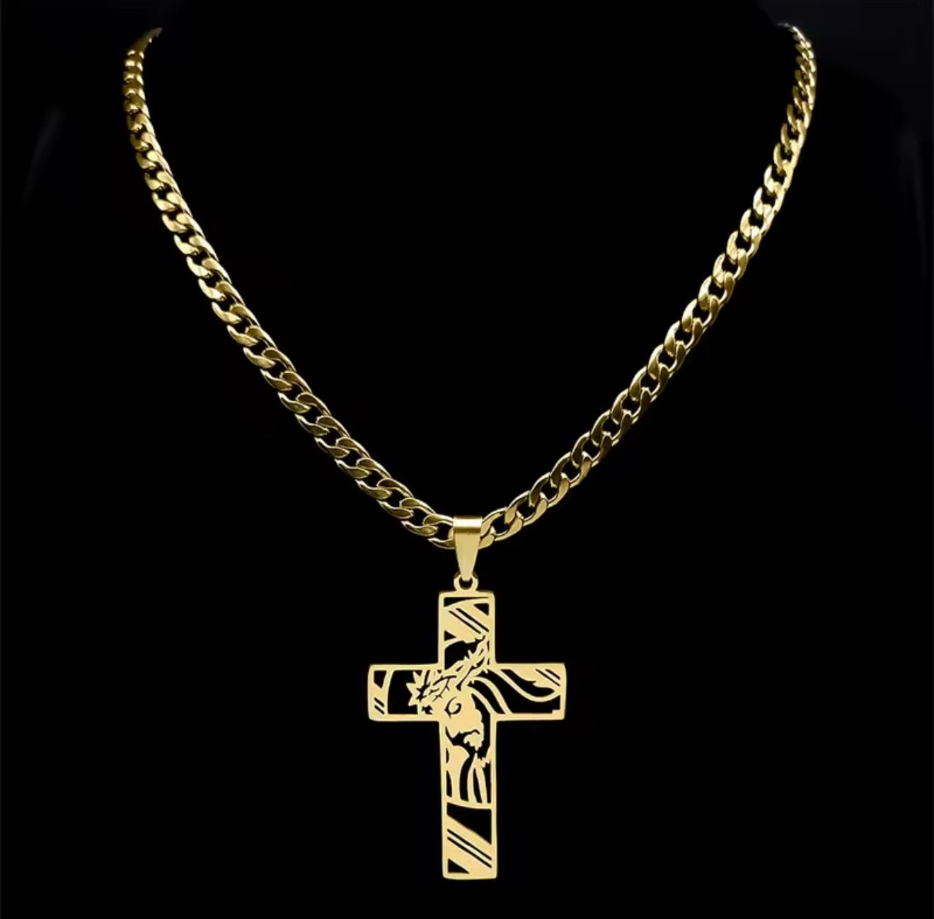 Men Stainless Steel Crown of Thorns Jesus Cross Necklace