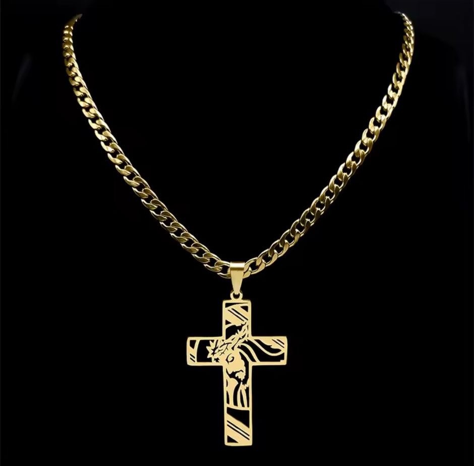 Men Stainless Steel Crown of Thorns Jesus Cross Necklace
