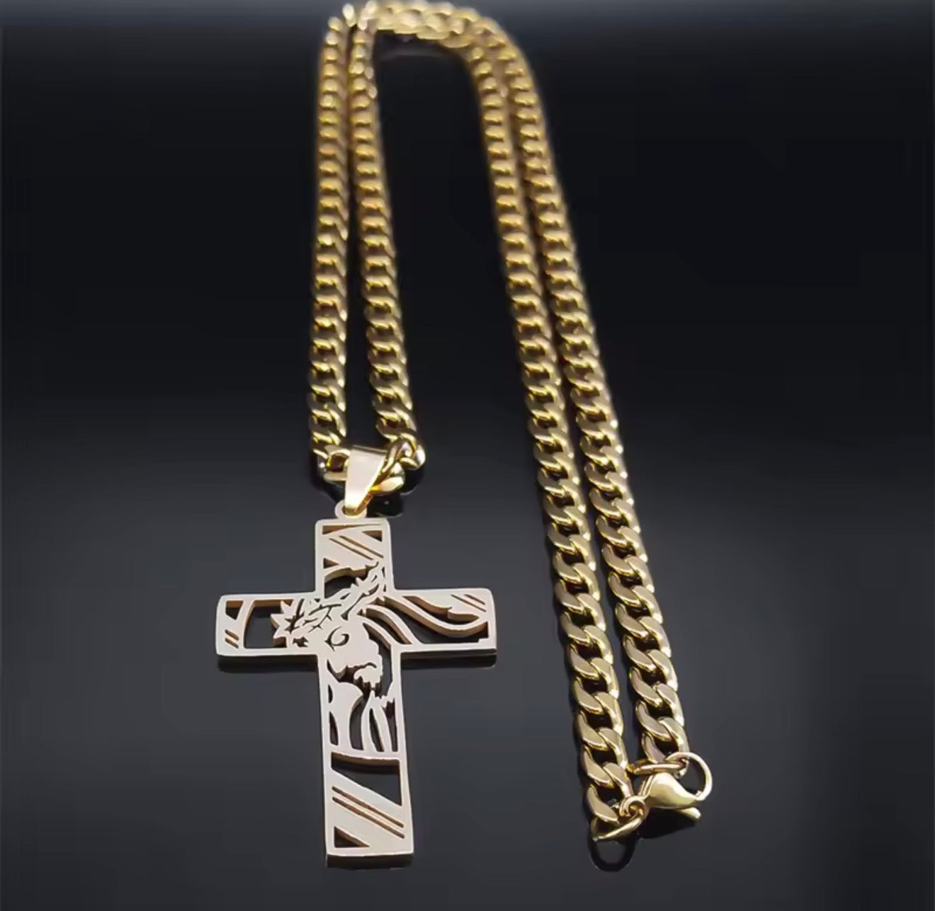 Men Stainless Steel Crown of Thorns Jesus Cross Necklace