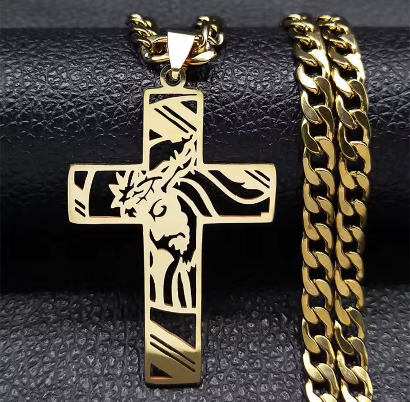 Men Stainless Steel Crown of Thorns Jesus Cross Necklace