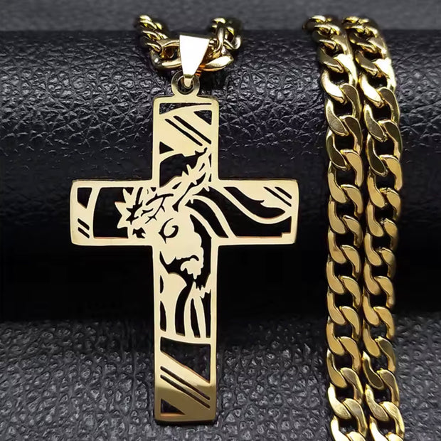 Men Stainless Steel Crown of Thorns Jesus Cross Necklace