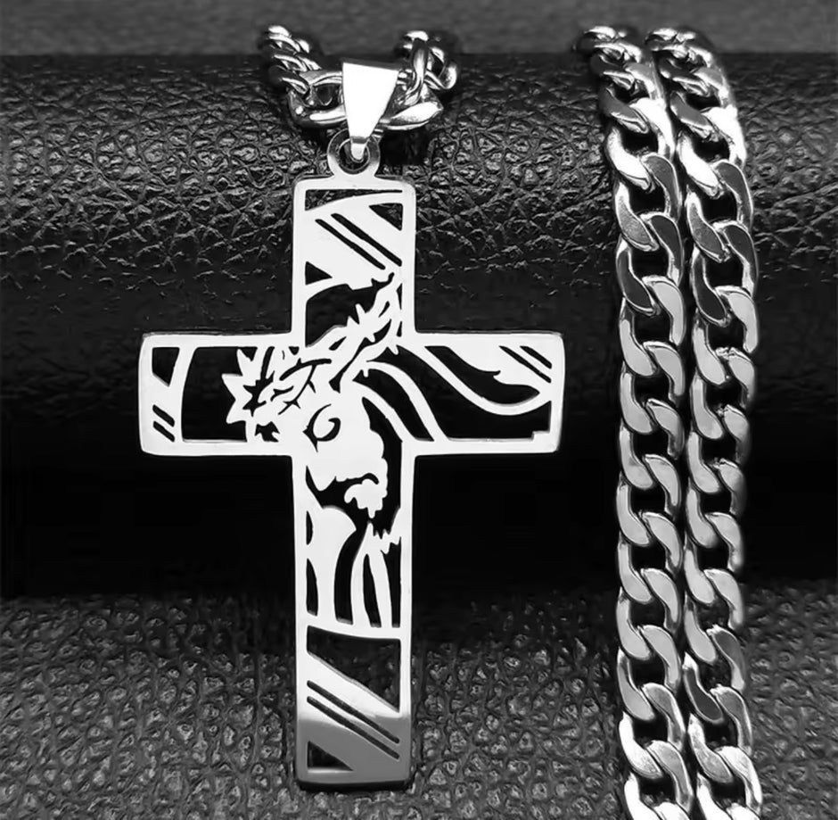 Men Stainless Steel Crown of Thorns Jesus Cross Necklace