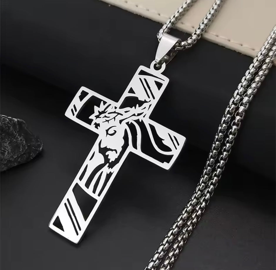 Men Stainless Steel Crown of Thorns Jesus Cross Necklace