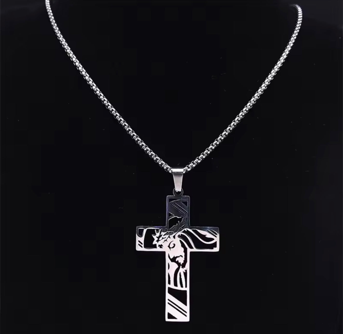 Men Stainless Steel Crown of Thorns Jesus Cross Necklace