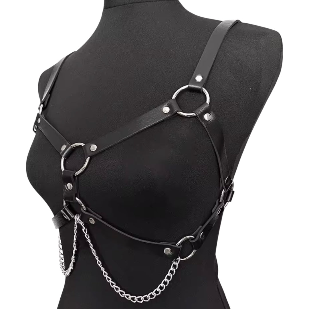 Women Leather Chest Harness With Chains Fashion Belt