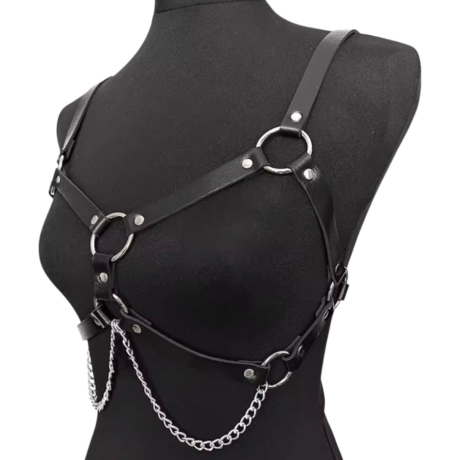 Women Leather Chest Harness With Chains Fashion Belt