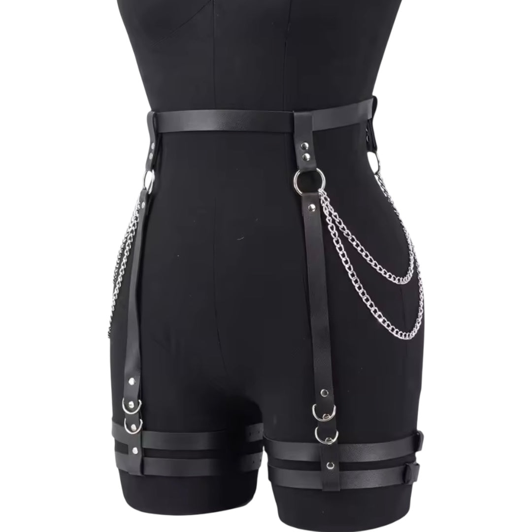 Women Fashion Belt Chain Tassel Punk Leather Harness Waist Belt Leg Harness