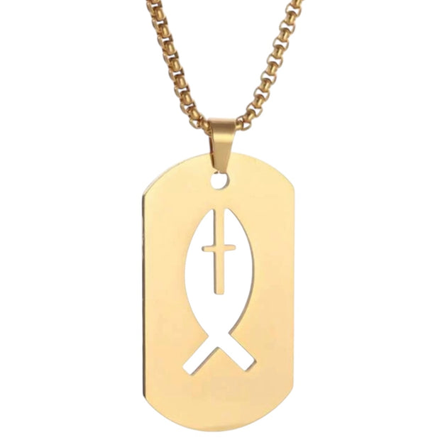 Men Stainless Steel Square Hollow Cross Fish Necklace