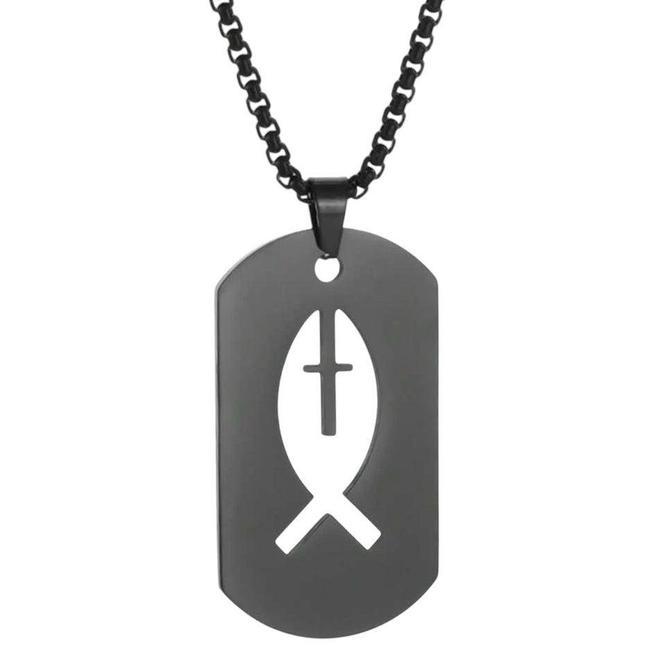 Men Stainless Steel Square Hollow Cross Fish Necklace