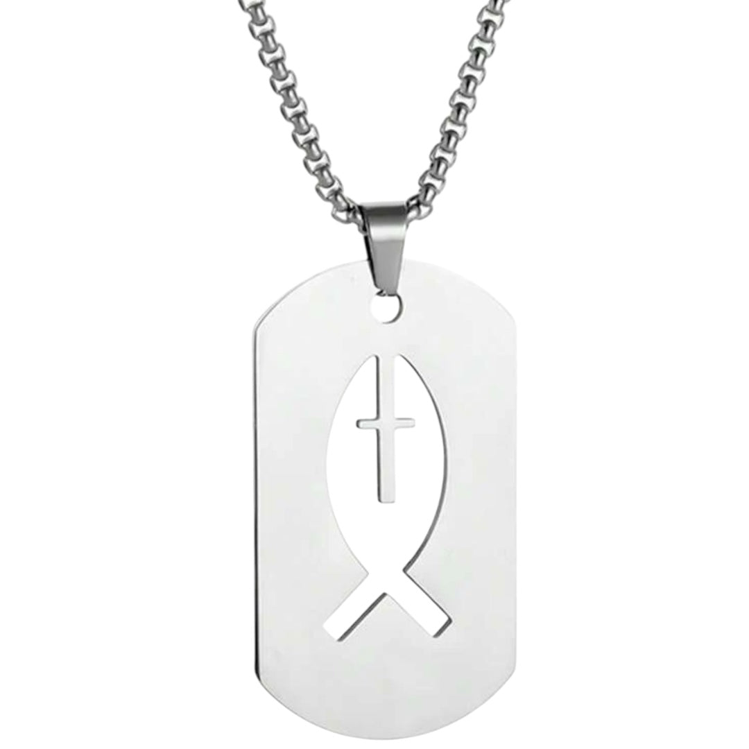 Men Stainless Steel Square Hollow Cross Fish Necklace