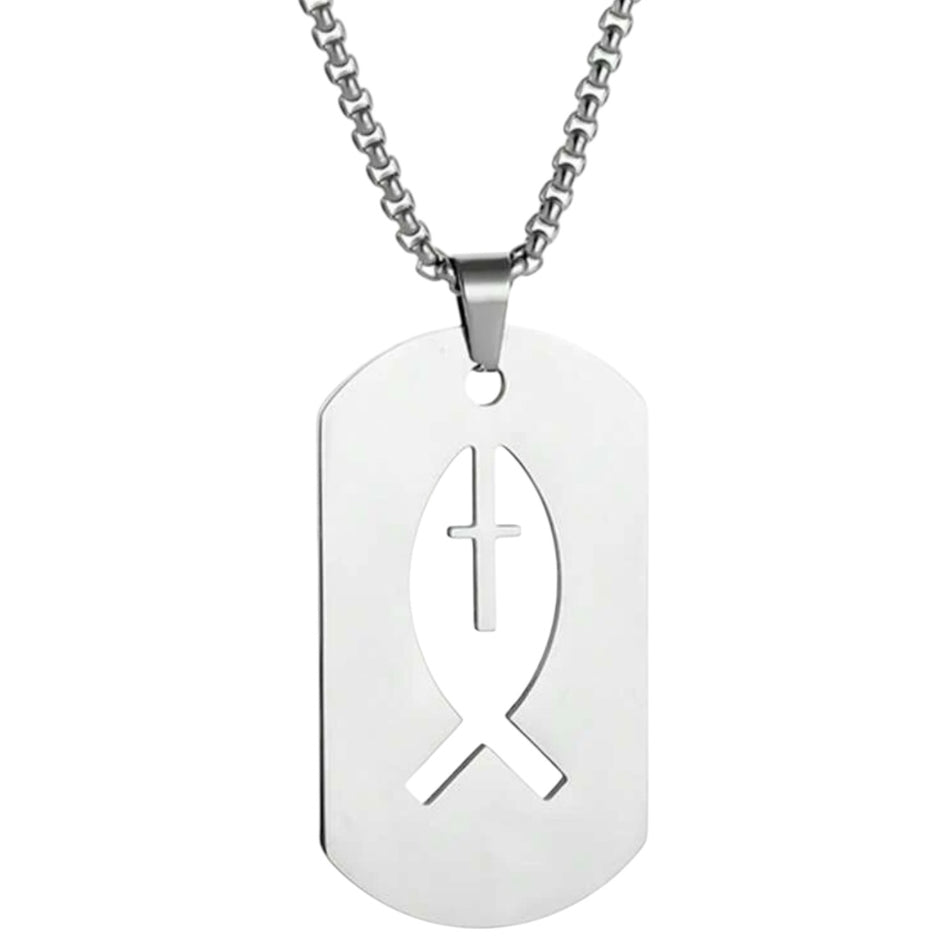Men Stainless Steel Square Hollow Cross Fish Necklace